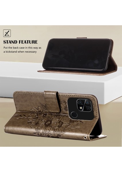 Redmi 10C Için Kelebek Pu Deri Çevirmeli Cüzdan Stand Telefon Kılıfı - Gri (Yurt Dışından)