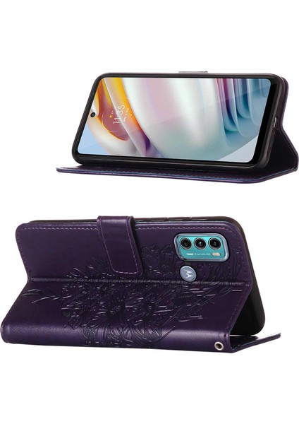 Moto G40 / G60 Için Kelebek Pu Deri Çevirmeli Cüzdan Stand Telefon Kılıfı - Mor (Yurt Dışından)