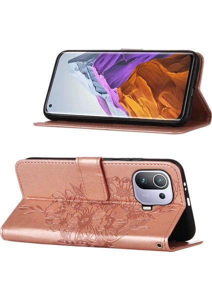 Mi 11 Pro Için Kelebek Pu Deri Çevirmeli Cüzdan Stand Telefon Kılıfı - Rose Gold (Yurt Dışından)