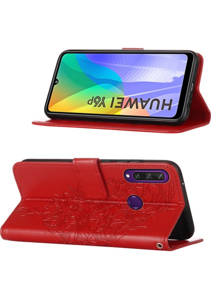 Huawei Y6P Için Kelebek Pu Deri Çevirmeli Cüzdan Stand Telefon Kılıfı - Kırmızı (Yurt Dışından)