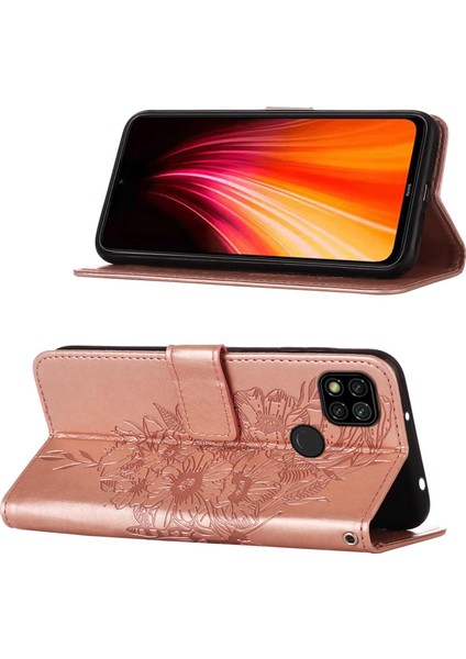 Redmi 9c / Poco C3 Için Kelebek Pu Deri Çevirmeli Cüzdan Stand Telefon Kılıfı - Rose Gold (Yurt Dışından)