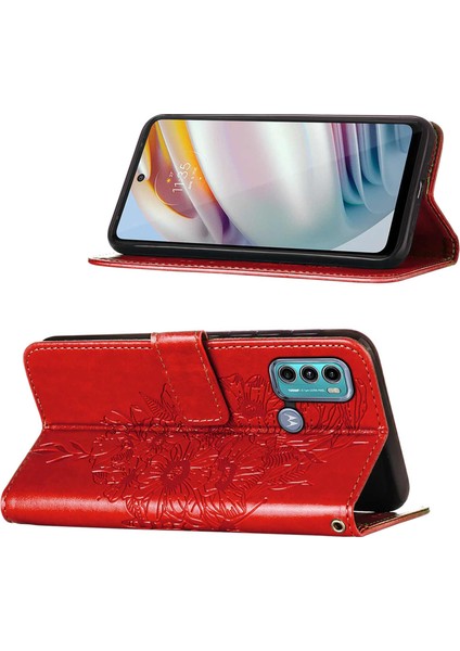 Moto G40 / G60 Için Kelebek Pu Deri Çevirmeli Cüzdan Stand Telefon Kılıfı - Kırmızı (Yurt Dışından)