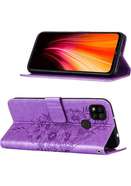 Redmi 9c / Poco C3 Için Kelebek Pu Deri Çevirmeli Cüzdan Stand Telefon Kılıfı - Açık Mor (Yurt Dışından)