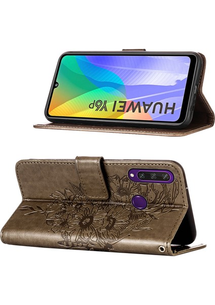 Huawei Y6P Için Kelebek Pu Deri Çevirmeli Cüzdan Stand Telefon Kılıfı - Gri (Yurt Dışından)