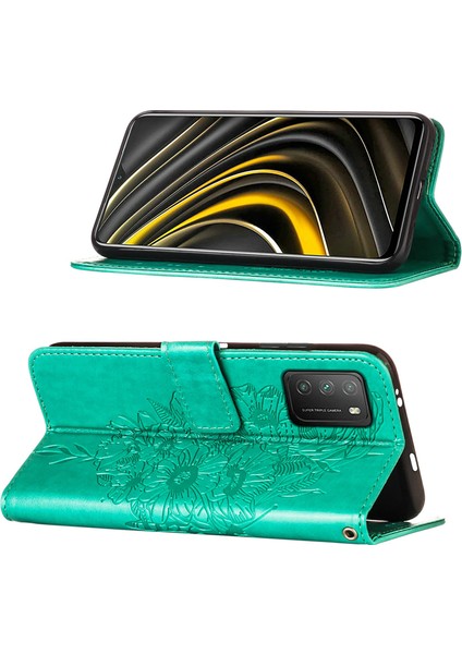 Poco M3 / Redmi 9t / 9 Power Için Kelebek Pu Deri Çevirmeli Cüzdan Stand Telefon Kılıfı - Yeşil (Yurt Dışından)
