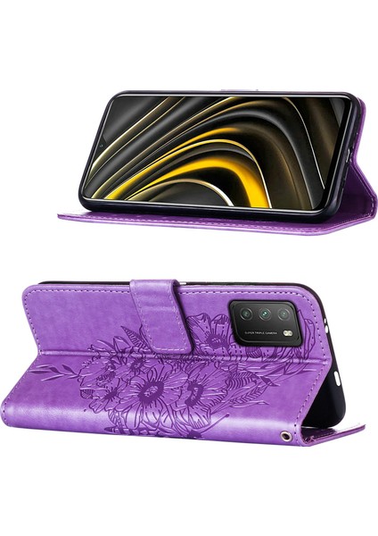 Poco M3 / Redmi 9t / 9 Power Için Kelebek Pu Deri Çevirmeli Cüzdan Stand Telefon Kılıfı - Açık Mor (Yurt Dışından)