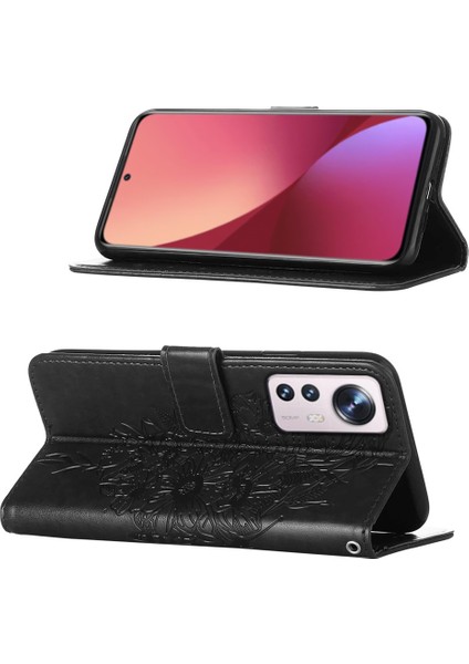 12 Lite Için Kelebek Pu Deri Çevirmeli Cüzdan Stand Telefon Kılıfı - Siyah (Yurt Dışından)