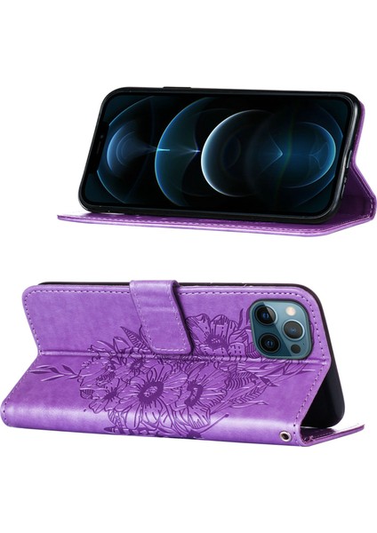 iPhone 12 Pro Için Kelebek Pu Deri Çevirmeli Cüzdan Stand Telefon Kılıfı - Açık Mor (Yurt Dışından)