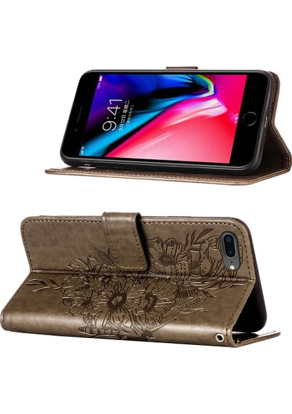 iPhone 8 Plus/ 7 Plus/ 6s Plus/ 6 Plus Için Kelebek Pu Deri Çevirmeli Cüzdan Stand Telefon Kılıfı - Gri (Yurt Dışından)