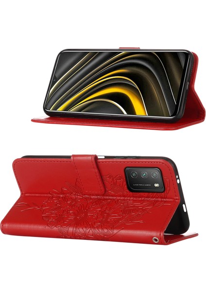 Poco M3 / Redmi 9t / 9 Power Için Kelebek Pu Deri Çevirmeli Cüzdan Stand Telefon Kılıfı - Kırmızı (Yurt Dışından)