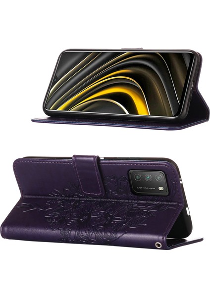 Poco M3 / Redmi 9t / 9 Power Için Kelebek Pu Deri Çevirmeli Cüzdan Stand Telefon Kılıfı - Mor (Yurt Dışından)