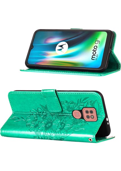 Moto G9 / G9 Play / E7 Plus Için Kelebek Pu Deri Çevirmeli Cüzdan Stand Telefon Kılıfı - Yeşil (Yurt Dışından)