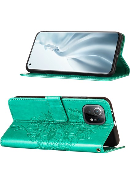Mi 11 Için Kelebek Pu Deri Çevirmeli Cüzdan Stand Telefon Kılıfı - Yeşil (Yurt Dışından)