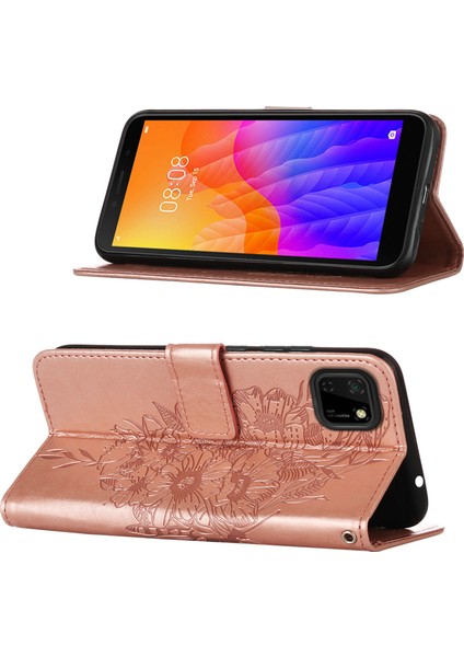 Huawei Y5P / Honor 9s Için Kelebek Pu Deri Çevirmeli Cüzdan Stand Telefon Kılıfı - Rose Gold (Yurt Dışından)