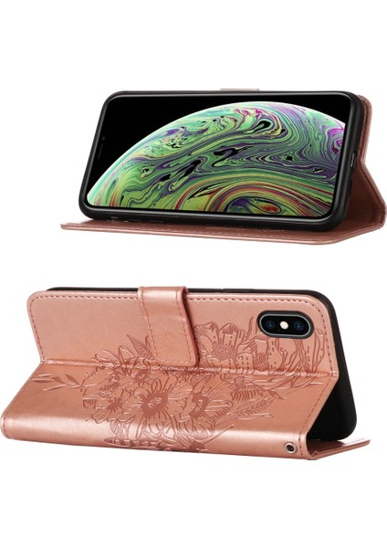 iPhone x / iPhone Xs Için Kelebek Pu Deri Çevirmeli Cüzdan Stand Telefon Kılıfı - Rose Gold (Yurt Dışından)