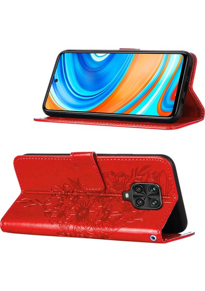 Redmi Note 9s / 9 Pro / 9 Pro Max Için Kelebek Pu Deri Çevirmeli Cüzdan Stand Telefon Kılıfı - Kırmızı (Yurt Dışından)