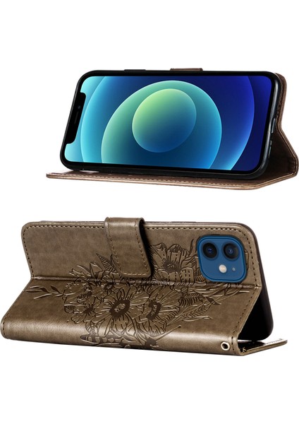 iPhone 12 Mini Için Kelebek Pu Deri Çevirmeli Cüzdan Stand Telefon Kılıfı - Gri (Yurt Dışından)
