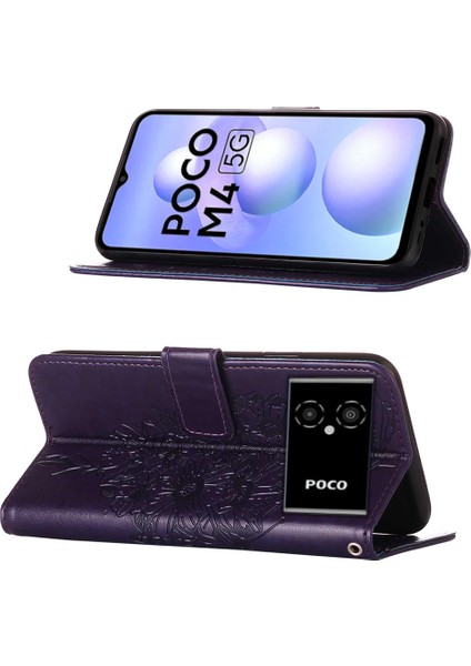 Poco M4 5g / Poco M5 5g Için Kelebek Pu Deri Çevirmeli Cüzdan Stand Telefon Kılıfı - Mor (Yurt Dışından)