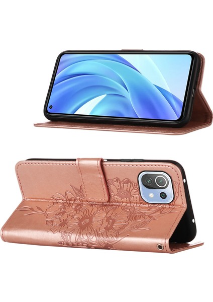 Mi 11 Lite Için Kelebek Pu Deri Çevirmeli Cüzdan Stand Telefon Kılıfı - Rose Gold (Yurt Dışından)