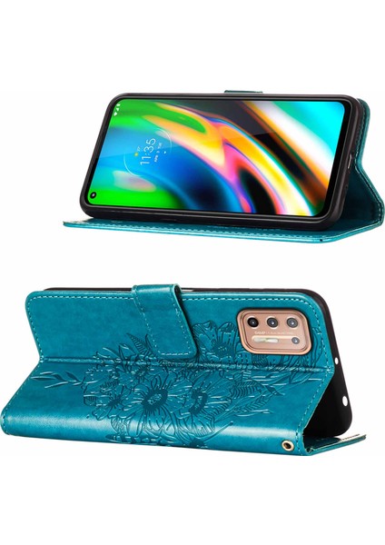 Moto G9 Plus Için Kelebek Pu Deri Çevirmeli Cüzdan Stand Telefon Kılıfı - Mavi (Yurt Dışından)
