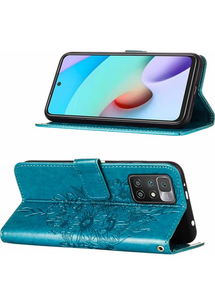 Redmi 10 / 10 Prime Için Kelebek Pu Deri Çevirmeli Cüzdan Stand Telefon Kılıfı - Mavi (Yurt Dışından)