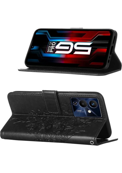 Note 12 Pro 5g Için Kelebek Pu Deri Çevirmeli Cüzdan Stand Telefon Kılıfı - Siyah (Yurt Dışından)