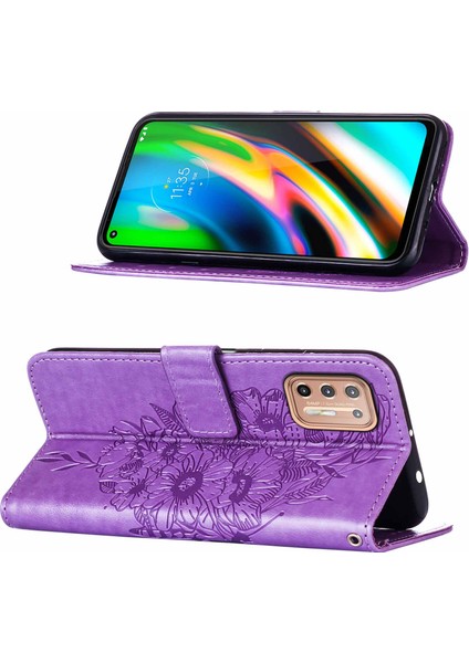 Moto G9 Plus Için Kelebek Pu Deri Çevirmeli Cüzdan Stand Telefon Kılıfı - Açık Mor (Yurt Dışından)