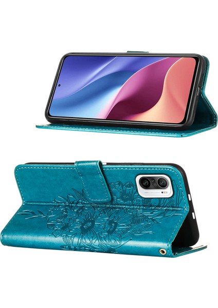 11I / Poco F3 / Redmi K40 / K40 Pro Için Kelebek Pu Deri Çevirmeli Cüzdan Stand Telefon Kılıfı - Mavi (Yurt Dışından)