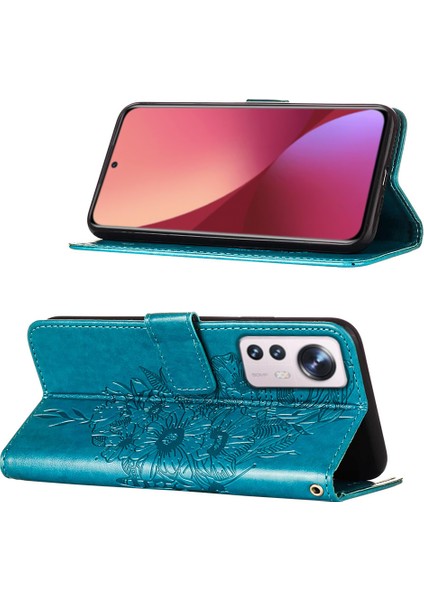12 Lite Için Kelebek Pu Deri Çevirmeli Cüzdan Stand Telefon Kılıfı - Mavi (Yurt Dışından)