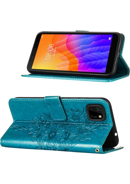 Huawei Y5P / Honor 9s Için Kelebek Pu Deri Çevirmeli Cüzdan Stand Telefon Kılıfı - Mavi (Yurt Dışından)