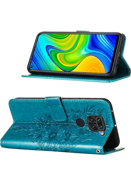 Redmi Note 9 Için Kelebek Pu Deri Çevirmeli Cüzdan Stand Telefon Kılıfı - Mavi (Yurt Dışından)