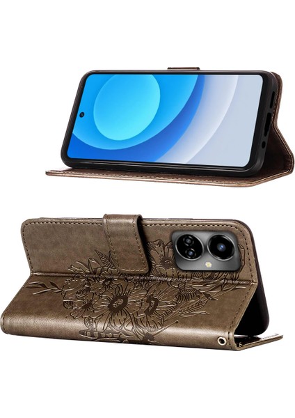 Camon 19 Için Kelebek Pu Deri Çevirmeli Cüzdan Stand Telefon Kılıfı - Gri (Yurt Dışından)