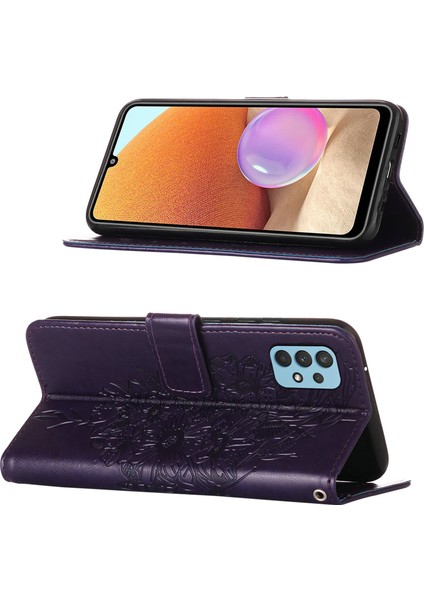 Galaxy A32 4g Için Kelebek Pu Deri Çevirmeli Cüzdan Stand Telefon Kılıfı - Mor (Yurt Dışından)