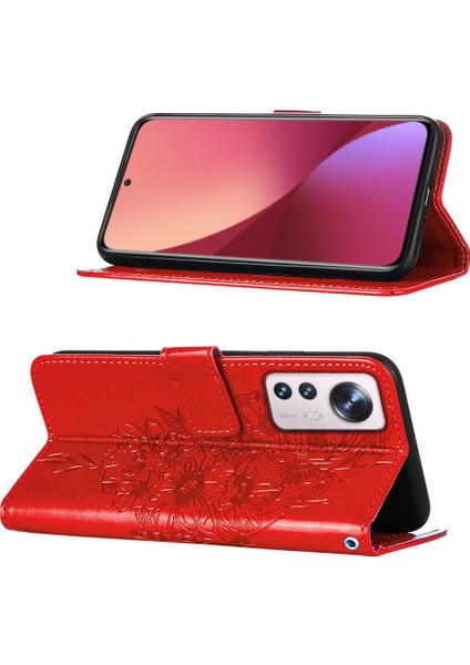 12 Lite Için Kelebek Pu Deri Çevirmeli Cüzdan Stand Telefon Kılıfı - Kırmızı (Yurt Dışından)