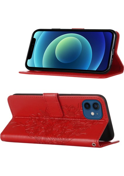 iPhone 12 Mini Için Kelebek Pu Deri Çevirmeli Cüzdan Stand Telefon Kılıfı - Kırmızı (Yurt Dışından)