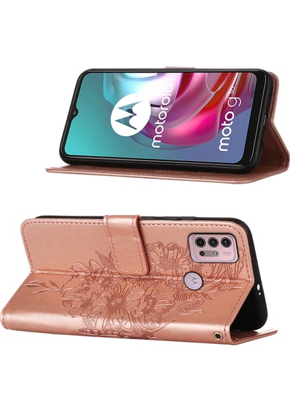 Moto G30 / G10 / G10 Power Için Kelebek Pu Deri Çevirmeli Cüzdan Stand Telefon Kılıfı - Rose Gold (Yurt Dışından)