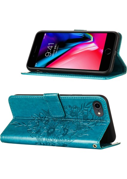 iPhone Se 2020 / 8 / 7 / 6s / 6 Için Kelebek Pu Deri Çevirmeli Cüzdan Stand Telefon Kılıfı - Mavi (Yurt Dışından)