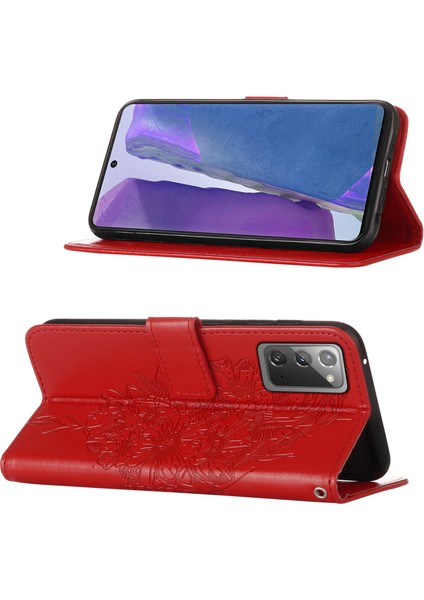 Galaxy Note 20 4g / 5g Için Kelebek Pu Deri Çevirmeli Cüzdan Stand Telefon Kılıfı - Kırmızı (Yurt Dışından)