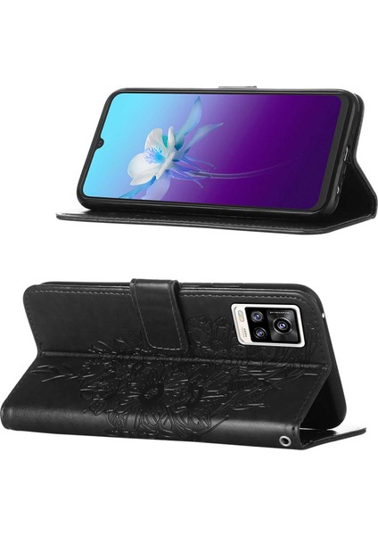 V20 / V21E 4g / Y73 2021 Için Kelebek Pu Deri Çevirmeli Cüzdan Stand Telefon Kılıfı - Siyah (Yurt Dışından)