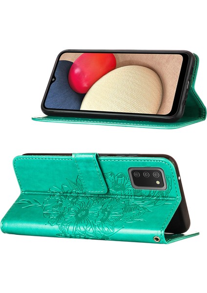Galaxy A02S Için Kelebek Pu Deri Çevirmeli Cüzdan Stand Telefon Kılıfı - Yeşil (Yurt Dışından)