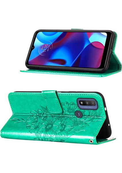 Moto G Pure Için Kelebek Pu Deri Çevirmeli Cüzdan Stand Telefon Kılıfı - Yeşil (Yurt Dışından)