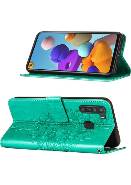 Galaxy A21 Için Kelebek Pu Deri Çevirmeli Cüzdan Stand Telefon Kılıfı - Yeşil (Yurt Dışından)