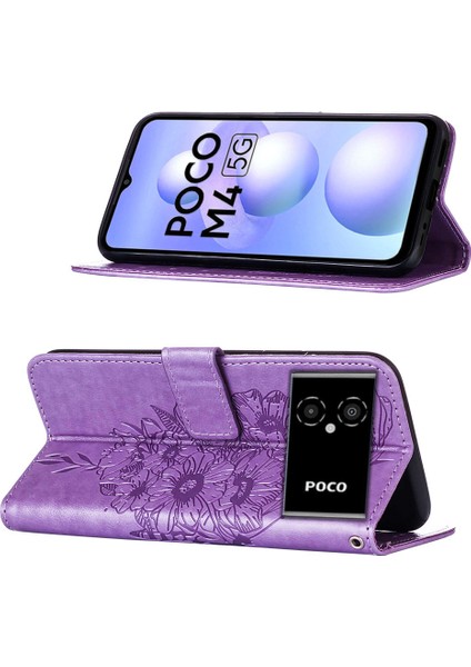Poco M4 5g / Poco M5 5g Için Kelebek Pu Deri Çevirmeli Cüzdan Stand Telefon Kılıfı - Açık Mor (Yurt Dışından)