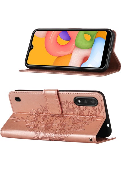 Galaxy A01 Için Kelebek Pu Deri Çevirmeli Cüzdan Stand Telefon Kılıfı - Rose Gold (Yurt Dışından)