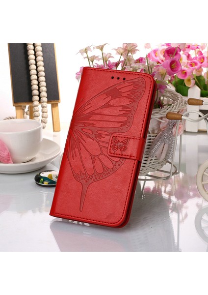 1.4 Için Kelebek Pu Deri Çevirmeli Cüzdan Stand Telefon Kılıfı - Kırmızı (Yurt Dışından)