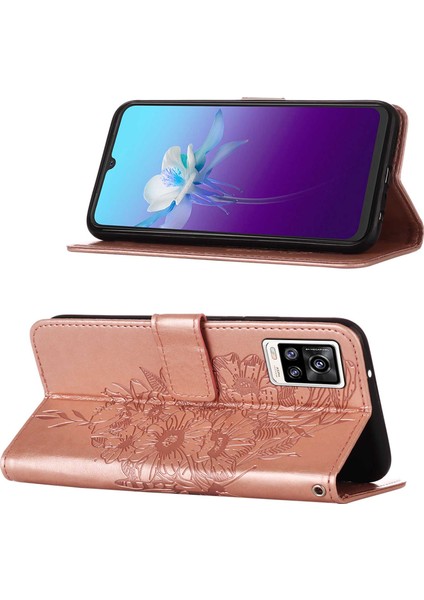 V20 / V21E 4g / Y73 2021 Için Kelebek Pu Deri Çevirmeli Cüzdan Stand Telefon Kılıfı - Rose Gold (Yurt Dışından)