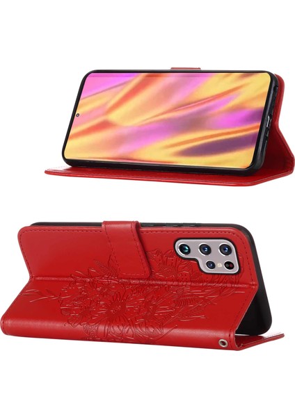 Galaxy S22 Ultra Için Kelebek Pu Deri Çevirmeli Cüzdan Stand Telefon Kılıfı - Kırmızı (Yurt Dışından)