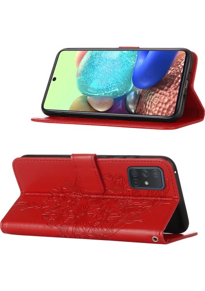 Galaxy A71 5g Için Kelebek Pu Deri Çevirmeli Cüzdan Stand Telefon Kılıfı - Kırmızı (Yurt Dışından)