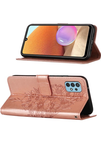 Galaxy A32 4g Için Kelebek Pu Deri Çevirmeli Cüzdan Stand Telefon Kılıfı - Rose Gold (Yurt Dışından)