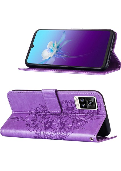 V20 / V21E 4g / Y73 2021 Için Kelebek Pu Deri Çevirmeli Cüzdan Stand Telefon Kılıfı - Açık Mor (Yurt Dışından)